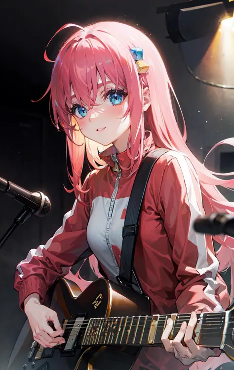 (1girl)(solo)(masterpiece),
indoors,stage,dark background,live,
ray tracing,lens flare,glowing,atmospheric perspective
(black guitar:1.4)(playing guitar:1.4),microphone,
upper body,from below,dynamic pose
<lora:hitoriGotohBocchiThe_v1:0.9>
hitori bocchi, pink hair,(long hair:1.4), blue and yellow hair ornament, blue eyes,(pink sportswear), pink jacket,pink pants,closed jackets
parted lips, smile, heavy breathing, glint, full-face blush,focused,serious