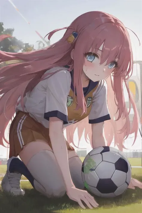 (masterpiece, best quality),1girl,extremely delicate and beautiful,masterpiece, best quality, ultra-detailed, illustration,solo,a girl,beautiful detailed girl,beautiful detailed girl, extremely detailed eyes and face, beautiful detailed eyes,Long shot,lens flare,Backlighting, serious, blue eyes, long hair,pink hair,bangs,big breasts, sweat,leaning forward,zettai ryouiki,yellow soccer uniform, yellow shirt,soaked,sleeves,pleated skirt,socks,soccer shoes, soccer ball, shooting, goal, soccer field, soccer player , <lora:hitoriGotohBocchiThe_v1:1>