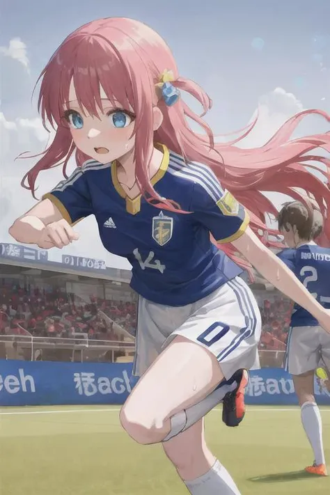 (masterpiece, best quality),extremely delicate and beautiful,masterpiece, best quality, ultra-detailed, illustration,solo,a girl,beautiful detailed girl,beautiful detailed girl, extremely detailed eyes and face, beautiful detailed eyes,lens flare,Backlighting, serious, blue eyes, long hair,pink hair,bangs,big breasts, sweat,leaning forward,zettai ryouiki,yellow soccer uniform, yellow shirt,soaked,sleeves,pleated skirt,socks,soccer shoes, soccer ball,goal, soccer field, soccer player , <lora:hitoriGotohBocchiThe_v1:0.9>,playing football,running,kicking football