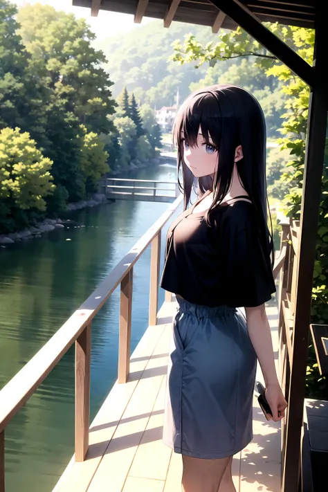 the smartest girl in the world, standing on a beautiful wooden bridge with railings, calm river, summer, sun, part of the frame is shaded by flowering trees
best-quality, perfect anime illustration, masterpiece, highly detailed, high resolution, wide shot, high quality
<lora:gotou_hitori:1>