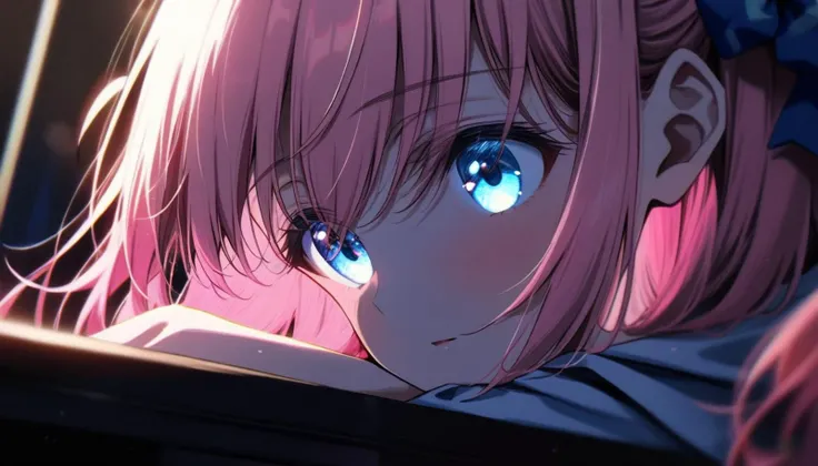 1girl,close-up, ((cinematic light)), colorful, hyper detail, dramatic light, intricate details, best quality, (beautiful detailed face, beautiful detailed eyes), high contrast, (best illumination, an extremely delicate and beautiful),(girl:1.5), solo, night, short hair, pink hair,hair bow, head rest, hood down, indoors, upperbody, dynamic angle,beautiful detailed glow, (detailed In background:1.4),close-up,Bocchi the Rock, Hitori Gotou , <lora:gotou_hitori_xl:1>