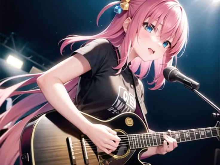 1girl, messy pink hair, determined face, enjoying, wearing punk black clothes, ROCKSTAR, ripped blue jeans, hair ornament, holding guitar, on stage, nightclub, colorful lights, vibrant scene, hdr, wallpaper, award winning art, 4k, highly detailed <lora:hitoriGotohBocchiThe_v1:0.9>