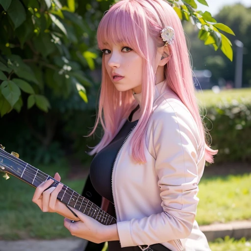 (RAW photo:1.2), ((photorealistic:1.4),(masterpiece:1.3),(best quality:1.4),ultra high res,(detailed facial features),(detailed clothes features),HDR,8k resolution, solo focus, bangs, skin tight, (shiny skin), 1girl,silver dress,pink hair,long hair,(play the guitar), (pink jacket),cube hair ornament,track jacket,full-body,black chain,medium breasts, shy, (looking to the side:1.2)<lora:hitoriGotohBocchiThe_v1:0.5>