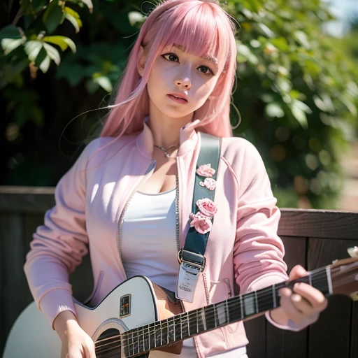 (RAW photo:1.2), ((photorealistic:1.4),(masterpiece:1.3),(best quality:1.4),ultra high res,(detailed facial features),(detailed clothes features),HDR,8k resolution, solo focus, bangs, skin tight, (shiny skin), 1girl,silver dress,pink hair,long hair,(play the guitar), (pink jacket),cube hair ornament,track jacket,full-body,black chain,medium breasts, shy, looking up<lora:hitoriGotohBocchiThe_v1:0.5>