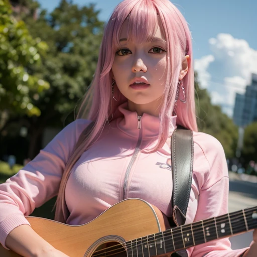 (RAW photo:1.2), ((photorealistic:1.4),(masterpiece:1.3),(best quality:1.4),ultra high res,(detailed facial features),(detailed clothes features),HDR,8k resolution, solo focus, bangs, skin tight, (shiny skin), 1girl,silver dress,pink hair,long hair,(play the guitar), (pink jacket),cube hair ornament,track jacket,full-body,black chain,medium breasts, shy, looking up<lora:hitoriGotohBocchiThe_v1:0.5>