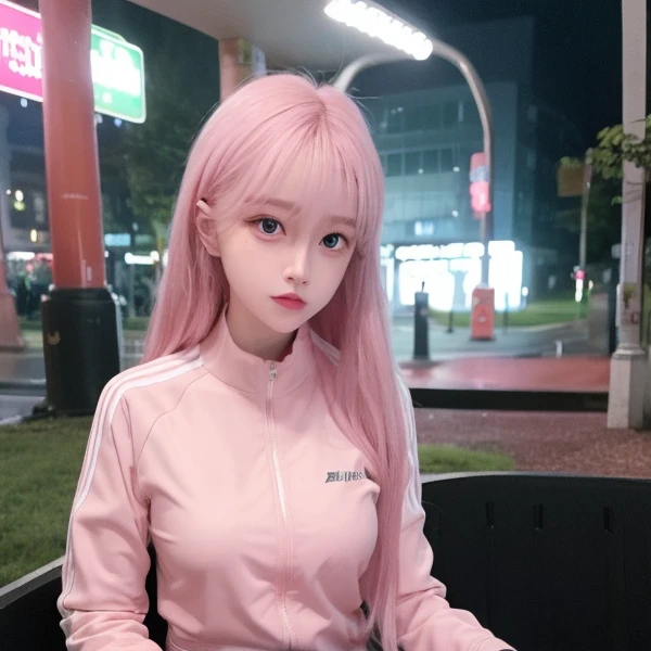 (RAW photo:1.2), ((photorealistic:1.4),(masterpiece:1.3),(best quality:1.4),ultra high res,(detailed clothes features),HDR, solo focus, bangs, skin tight, (shiny skin),round face,1girl,silver dress,(hands behind back),(pink hair),long hair, (pink jacket),cube hair ornament,track jacket,full-body,black chain,medium breasts, shy, cityspace,night,rain,looking up,Pink contact lenses,<lora:hitoriGotohBocchiThe_v1:1> <lora:koreanDollLikeness_v10:0.61>, <lora:japaneseDollLikeness_v10:0.1>, ulzzang-6500-v1.1:0.5, pureerosface_v1:0.5