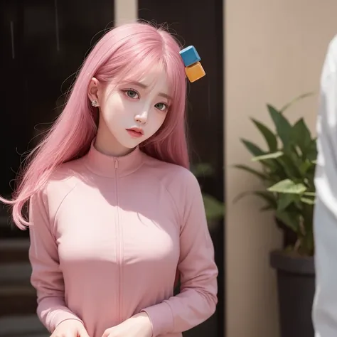 (RAW photo:1.2), ((photorealistic:1.4),(masterpiece:1.3),(best quality:1.4),(depth of focus:1.33),ultra high res,(detailed clothes features),HDR, solo focus, bangs, skin tight, (shiny skin),round face,1girl,silver dress,(hands behind back),(pink hair),long hair, (pink track jacket),((cube hair ornament)),full-body,medium breasts, shy, cityspace,night,rain,looking up,Pink contact lenses,<lora:hitoriGotohBocchiThe_v1:1> <lora:koreanDollLikeness_v10:0.11>, <lora:japaneseDollLikeness_v10:0.1>, ulzzang-6500-v1.1:0.5, pureerosface_v1:0.5