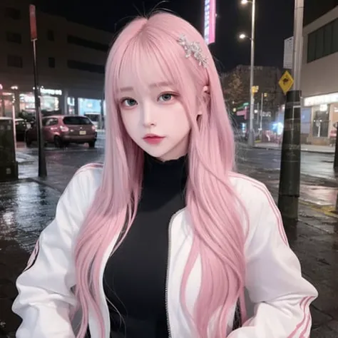 (RAW photo:1.2), ((photorealistic:1.4),(masterpiece:1.3),(best quality:1.4),ultra high res,(detailed clothes features),HDR, solo focus, bangs, skin tight, (shiny skin),round face,1girl,silver dress,(hands behind back),(pink hair),long hair, (pink jacket),cube hair ornament,track jacket,full-body,black chain,medium breasts, shy, cityspace,night,rain,looking up,Pink contact lenses,<lora:hitoriGotohBocchiThe_v1:1> <lora:koreanDollLikeness_v10:0.61>, <lora:japaneseDollLikeness_v10:0.1>, ulzzang-6500-v1.1:0.5, pureerosface_v1:0.5