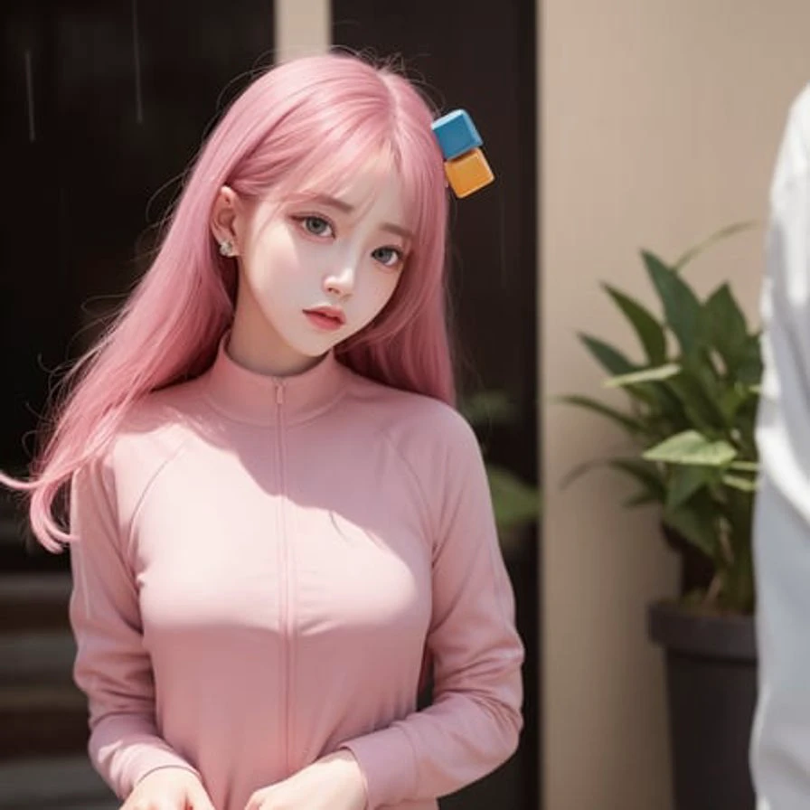 (RAW photo:1.2), ((photorealistic:1.4),(masterpiece:1.3),(best quality:1.4),(depth of focus:1.33),ultra high res,(detailed clothes features),HDR, solo focus, bangs, skin tight, (shiny skin),round face,1girl,silver dress,(hands behind back),(pink hair),long hair, (pink track jacket),((cube hair ornament)),full-body,medium breasts, shy, cityspace,night,rain,looking up,Pink contact lenses,<lora:hitoriGotohBocchiThe_v1:1> <lora:koreanDollLikeness_v10:0.11>, <lora:japaneseDollLikeness_v10:0.1>, ulzzang-6500-v1.1:0.5, pureerosface_v1:0.5