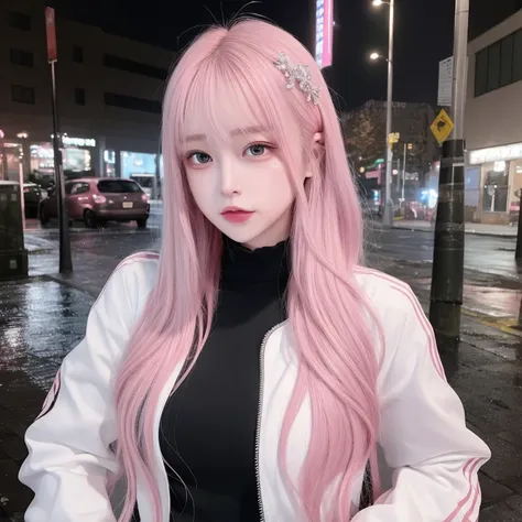 (RAW photo:1.2), ((photorealistic:1.4),(masterpiece:1.3),(best quality:1.4),ultra high res,(detailed clothes features),HDR, solo focus, bangs, skin tight, (shiny skin),round face,1girl,silver dress,(hands behind back),(pink hair),long hair, (pink jacket),cube hair ornament,track jacket,full-body,black chain,medium breasts, shy, cityspace,night,rain,looking up,Pink contact lenses,<lora:hitoriGotohBocchiThe_v1:1> <lora:koreanDollLikeness_v10:0.61>, <lora:japaneseDollLikeness_v10:0.1>, ulzzang-6500-v1.1:0.5, pureerosface_v1:0.5