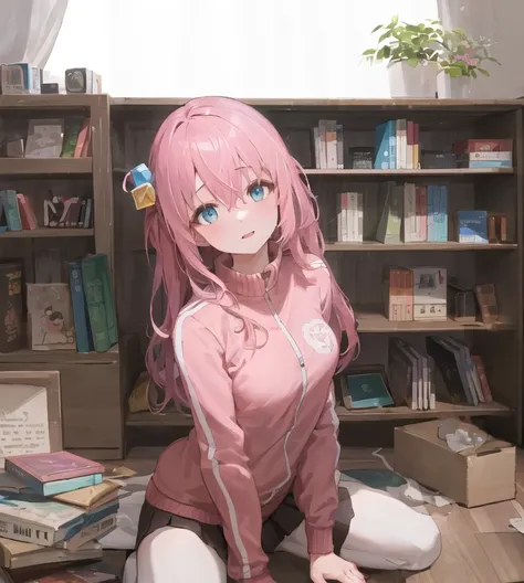 ((masterpiece,best quality))1girl, solo,  bookshelf, pile of books, suzuno, indoors, hair ornament, cube hair ornament, blue eyes, pink long hair, pink track jacket, bangs, hair between eyes <lora:hitoriGotohBocchiThe_v1:1>
