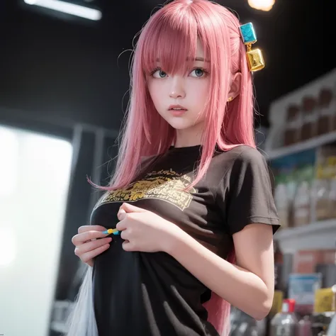 gotou, hair ornament, cube hair ornament, T-shirt, wearing punk black shirt, long hair, blue eyes, messy pink hair, hair between eyes, holding guitar, black guitar, big breast, bang, ROCKSTAR, on stage, nightclub, colorful lights, vibrant scene, best quality ,masterpiece, illustration, an extremely delicate and beautiful, extremely detailed ,CG ,unity, Amazing, finely detail, official art, absurdres, incredibly absurdres, ultra-detailed, highres, extremely detailed, beautiful detailed girl, extremely detailed eyes and face, beautiful detailed eyes, light on face, 1girl, full body shot, Particularly strong light, Feminine Expressions,Slim legs, gotou