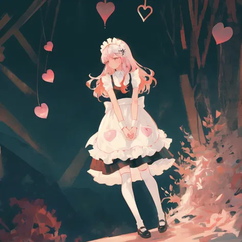 1girl, apron, bow, cube hair ornament, dress, frills, gloom (expression), hair ornament, heart, heart hands, long hair, looking away, maid, maid apron, maid headdress, mary janes, one side up, pink hair, shaded face, shoes, short dress, solo, sweatdrop, thighhighs, white thighhighs, zettai ryouiki, <lora:gotou_hitori:1>