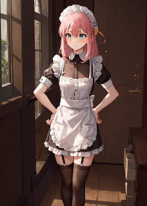 masterpiece, (1girl:1.3), apron, bow, cube hair ornament, dress, frills, gloom (expression), hair ornament, long hair, (looking away), maid, maid apron, maid headdress, mary janes, one side up, pink hair, shaded face, shoes, short dress, solo, sweatdrop, thighhighs, white thighhighs, medium breast, <lora:hitoriGotohBocchiThe_v1:1>, hand on hip, portrait