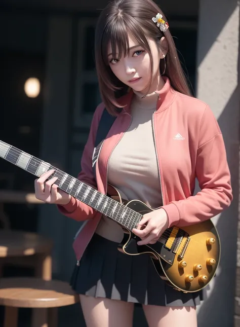 (photorealistic:1.4),best quality, ultra high res,
4k, instagram,
higly detailed,
black skirt, black socks, blue eyes, (cube hair ornament), (hair ornament), earphones, electric guitar, gibson les paul, guitar, holding, holding instrument, instrument, jacket,light particles, music, (pink hair), (pink jacket), playing instrument, pleated skirt, skirt, track jacket,
VirtualGirl-Aim, medium breasts, long hair, crystal pendant,
<lora:virtualgirlAim_v20:0.5> , <lora:hitoriGotohBocchiThe_v1:1>