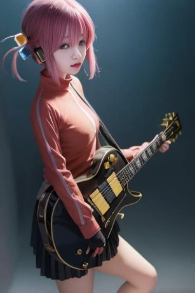 a portrait of sxeyez, <lora:hitoriGotohBocchiThe_v1:2>, masterpiece, best quality, 1girl, bangs, black background, black skirt, black socks, blue eyes, breasts, cube hair ornament, earphones, electric guitar, facing viewer, feet out of frame, gibson les paul, guitar, hair between eyes, hair ornament, holding, holding instrument, instrument, jacket, light particles, long hair, long sleeves, looking at object, music, open mouth, pink hair, pink jacket, playing instrument, pleated skirt, simple background, skirt, small breasts, socks, solo, spotlight, standing, track jacket,