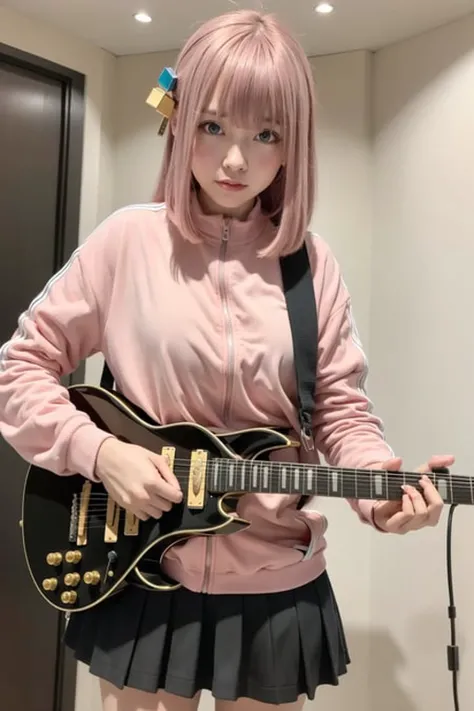 embarrassed,(photorealistic:1.4),best quality, ultra high res, 4k, instagram, higly detailed, black skirt, black socks, blue eyes, (cube hair ornament), (hair ornament), electric guitar, gibson les paul, guitar, holding, holding instrument, instrument, jacket,light particles, music, (light pink hair), (pink jacket), playing instrument, pleated skirt, skirt, track jacket, VirtualGirl-Aim, middle breasts, long hair, crystal pendant, <lora:hitoriGotohBocchiThe_v1:1> <lora:liyuuLora_liyuuV1:0.3>