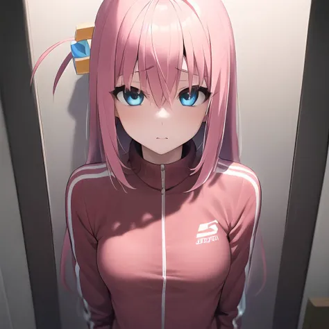 ((masterpiece, best quality:1.2)), anume, young girl, hair ornament, cube hair ornament, blue eyes, pink long hair, pink track jacket, bangs, hair between eyes, detailed beautiful skin, small breasts, (shock), <lora:hitoriGotohBocchiThe_v1:1>,
