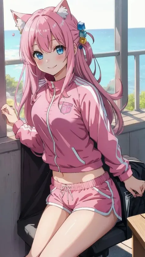 1 girl, hair ornament, cube hair ornament, pink long hair, blue eyes, pink track jacket, sports shorts, cat ears, pink shorts, laying, visible panties, horny smile, <lora:gotou_hitori:0.5>