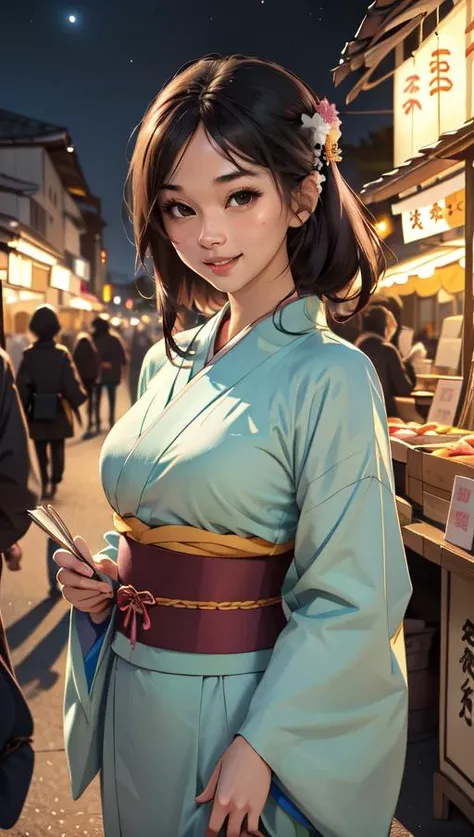masterpiece, best quality, MakinoMaria, 1girl, japanese clothes, tanabata, night, lantern, market stall, light smile, <lora:epiCRealismHelper:1.2>