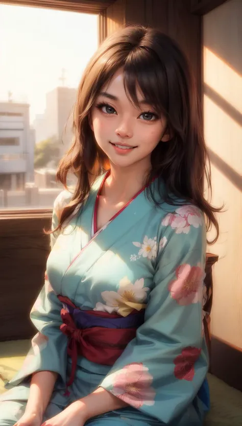 masterpiece, best quality, MakinoMaria, 1girl, japanese clothes, night, smile, dimple, floral print, <lora:epiCRealismHelper:1> <lora:add_detail:0.7> , indoors, japan, house, room