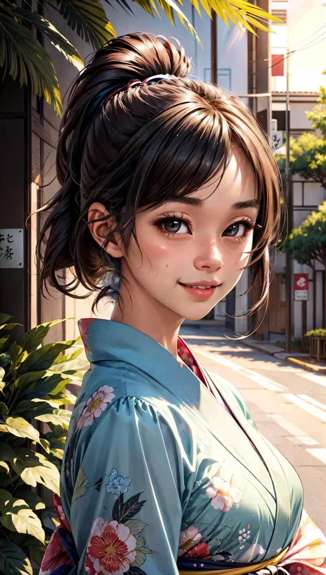masterpiece, best quality, MakinoMaria, 1girl, summer, summer uniform, smile, dimple, floral print, <lora:epiCRealismHelper:1> <lora:add_detail:0.7> , outdoors, japan, ponytail,