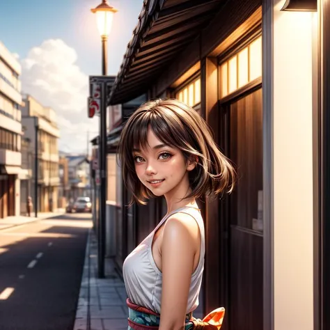 masterpiece, best quality, 1girl, MakinoMaria, japan, okinawa, street, walkway, lamppost, in front of a shop, smiling, <lora:add_detail:2>, perfect teeth