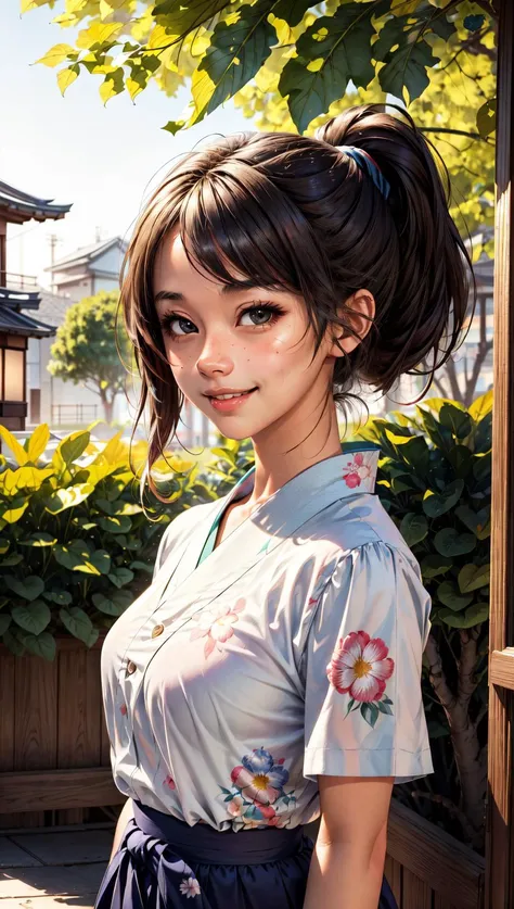 masterpiece, best quality, MakinoMaria, 1girl, summer, summer uniform, smile, dimple, floral print, <lora:epiCRealismHelper:1> <lora:add_detail:0.7> , outdoors, japan, ponytail,