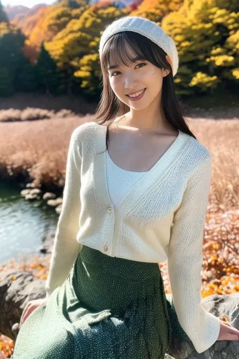 1girl,(wearing a cardigan over her bloouse and a long skirt:1.2),(wearing a wooly beret),(a small sling handbag),(RAW photo, best quality), (realistic, photo-realistic:1.4), masterpiece, an extremely delicate and beautiful, extremely detailed, 2k wallpaper, Amazing, finely detail, extremely detailed CG unity 8k wallpaper, ultra-detailed, highres, soft light, beautiful detailed girl, extremely detailed eyes and face, beautiful detailed nose, beautiful detailed eyes,cinematic lighting,(in a beautiful forest of pine trees at a Japanese countryside),(autumn scenery:1.3),(maple trees in autumn),(by a small rocky river),(morning light),perfect anatomy,slender body,smiling,(hair with bangs)(smiling:1.2) (posing for a picture), <lora:tsujiyui_lora:1>