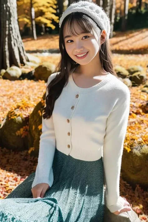 1girl,(wearing a cardigan over her bloouse and a long skirt:1.2),(wearing a wooly beret),(a small sling handbag),(RAW photo, best quality), (realistic, photo-realistic:1.4), masterpiece, an extremely delicate and beautiful, extremely detailed, 2k wallpaper, Amazing, finely detail, extremely detailed CG unity 8k wallpaper, ultra-detailed, highres, soft light, beautiful detailed girl, extremely detailed eyes and face, beautiful detailed nose, beautiful detailed eyes,cinematic lighting,(in a beautiful forest of pine trees at a Japanese countryside),(autumn scenery:1.3),(maple trees in autumn),(by a small rocky river),(morning light),perfect anatomy,slender body,smiling,(hair with bangs)(smiling:1.2) (posing for a picture),(sitting down) <lora:tsujiyui_lora:1>