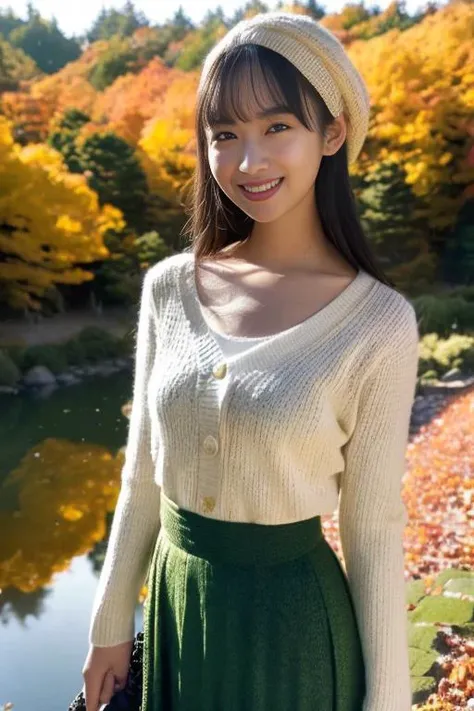 1girl,(wearing a cardigan over her bloouse and a long skirt:1.2),(wearing a wooly beret),(a small sling handbag),(RAW photo, best quality), (realistic, photo-realistic:1.4), masterpiece, an extremely delicate and beautiful, extremely detailed, 2k wallpaper, Amazing, finely detail, extremely detailed CG unity 8k wallpaper, ultra-detailed, highres, soft light, beautiful detailed girl, extremely detailed eyes and face, beautiful detailed nose, beautiful detailed eyes,cinematic lighting,(in a beautiful forest of pine trees at a Japanese countryside),(autumn scenery:1.3),(maple trees in autumn),(by a small rocky river),(morning light),perfect anatomy,slender body,smiling,(hair with bangs)(smiling:1.2)  <lora:tsujiyui_lora:1>