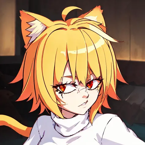 masterpiece, highres, best quality, ultra-detailed, perfect lighting, <lora:Irefuse:1>, Irefuse, close-up, <lora:Neco-Arc:0.8>, neco-arc, 1girl, cat ears, cat girl, cat tail, solo, ((yellow hair)), ((red eyes)), ((white turtleneck))