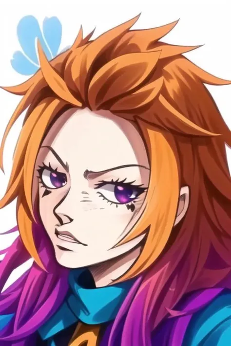 Irefuse,close-up,  (disheveled hair),[orange hair:purple buttom hair:0.8],forehead,zoe,long hair,multicolored hair,blue and purple  eyes,focus on face