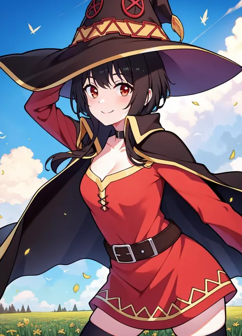 ((masterpiece)), (best quality:1.7), (detailed:1.4), (high res:1.4), 8k, (colorful:1.5), 2d, high resolution, sharped image, 4k, hd, megumin_konosuba, 1girl, (((solo))), ((black hair)), black thighhighs, wicth, witch hat, brown belt, red eyes, red dress, middle body, cowboy shot, smile, ((medium breasts)), (((cape))), peace symbol, long sleeves, cleavage, legs, long legs, school, ((field)), sun, sky, clouds, spread legs, ((looking at viewer)), (((two arms))), (((two hands))), choker, ((black cape)), hands on own hip, belt, <lora:megumin_konosuba:0.6>, <lora:thickerLinesanimeStyle:0.6>