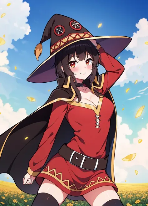 ((masterpiece)), (best quality:1.7), (detailed:1.4), (high res:1.4), 8k, (colorful:1.5), 2d, high resolution, sharped image, 4k, hd, megumin_konosuba, 1girl, (((solo))), ((black hair)), black thighhighs, wicth, witch hat, brown belt, red eyes, red dress, middle body, cowboy shot, smile, ((medium breasts)), (((cape))), peace symbol, long sleeves, (cleavage), legs, long legs, school, ((field)), sun, sky, clouds, spread legs, ((looking at viewer)), (((two arms))), (((two hands))), choker, ((black cape)), ((((peace symbol)))), belt, particles, cinematic lights, blush, surprised, <lora:megumin_konosuba:0.6>, <lora:thickerLinesanimeStyle:0.6>