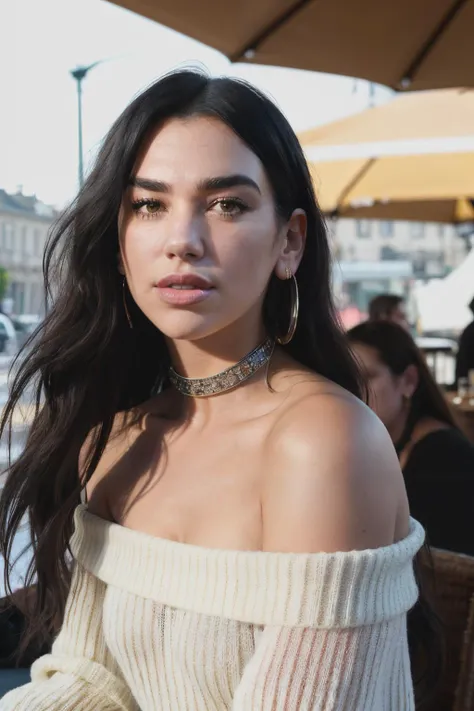 duaLipa1 piercing eyes, looking straight, very happy,long hair, wearing an off-shoulder sweater, choker, closeup portrait, in a outdoor cafe in 2015, afternoon light