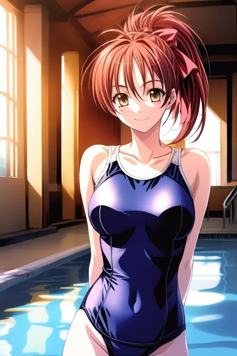 (( highest quality, High resolution, nffsw, perfect pixel, 4k, nffsw, nffsw))), 1 girl, single, alone, Beautiful woman、I could see the whole body、 ((middle wave hair, bangs, redhead、Yellow headband、)), ((brown eyes, beautiful eyelashes, realistic eyes)), ((detailed face, blush:1.2)), ((smooth texture:0.75, realistic texture:0.65, realistic:1.1, Anime CG style)),troubled face、 big breasty whole body is sweaty)))), dynamic angle, perfect body,lean forward greatly、(butt exposure.、open your legs、Cover your chest with your hands)、nude、white high knee socks、((blue school swimsuit))