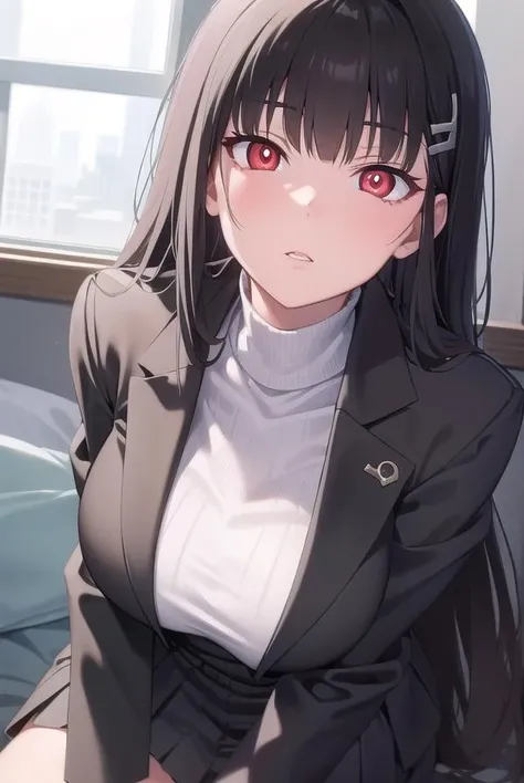 riotsukatsuki, <lora:rio-lora-nochekaiser:1>,
rio, black hair, (red eyes:1.5), hair ornament, hairclip, halo, long hair,
BREAK black footwear, black jacket, black pantyhose, black skirt, buttoned cuffs, high heels, jacket, long sleeves, office lady, pantyhose, ribbed sweater, skirt, sweater, thigh strap, turtleneck, turtleneck sweater, white sweater,
BREAK looking at viewer,
BREAK indoors, office,
BREAK <lyco:GoodHands-beta2:1>, (masterpiece:1.2), best quality, high resolution, unity 8k wallpaper, (illustration:0.8), (beautiful detailed eyes:1.6), extremely detailed face, perfect lighting, extremely detailed CG, (perfect hands, perfect anatomy),