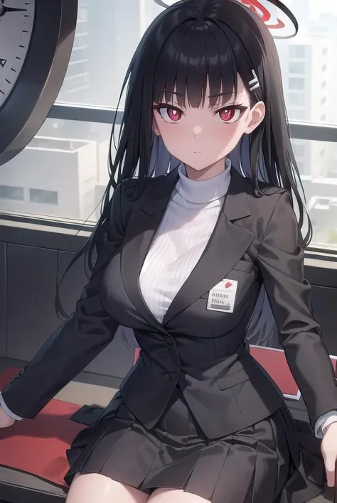 riotsukatsuki, <lora:rio-lora-nochekaiser:1>,
rio, black hair, (red eyes:1.5), hair ornament, hairclip, halo, long hair,
BREAK black footwear, black jacket, black pantyhose, black skirt, buttoned cuffs, high heels, jacket, long sleeves, office lady, pantyhose, ribbed sweater, skirt, sweater, thigh strap, turtleneck, turtleneck sweater, white sweater,
BREAK looking at viewer,
BREAK indoors, office,
BREAK <lyco:GoodHands-beta2:1>, (masterpiece:1.2), best quality, high resolution, unity 8k wallpaper, (illustration:0.8), (beautiful detailed eyes:1.6), extremely detailed face, perfect lighting, extremely detailed CG, (perfect hands, perfect anatomy),