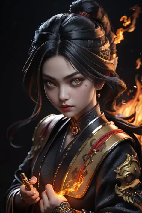 1girl, portrait of female cute mkscorpion battle with group of ninja, glowing yellow eyes, fire, orange, sparks, energy, aura, swirl fire, ornate, detail, <lora:ARWmkscorpion:1>