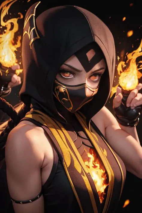 1girl, portrait of female cute mkscorpion battle with group of ninja, glowing yellow eyes, fire, orange, sparks, energy, aura, swirl fire, ornate, detail, <lora:ARWmkscorpion:1>