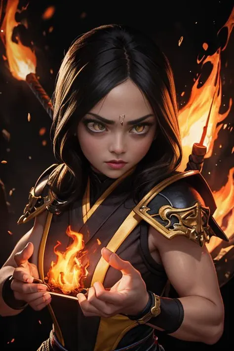 1girl, portrait of female cute mkscorpion battle with group of ninja, glowing yellow eyes, fire, orange, sparks, energy, aura, swirl fire, ornate, detail, <lora:ARWmkscorpion:1>