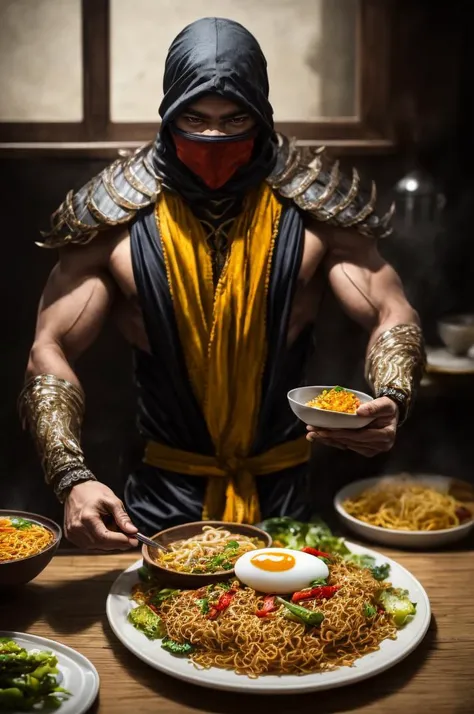 food, 1man, mkscorpion man ninja with 1 plate miegoreng with one egg fried on plate, wooden table, details, hot, soft focus, dramatic light, low ligt, blurry background  <lora:add_detail:1>  <lora:ARWmiegoreng:1>   <lora:ARWmkscorpion:1>