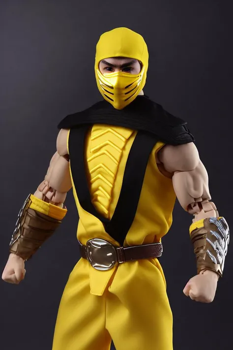 best quality, 1boy, solo, actionauf, detail face, mask,(portrait:1.2), Depth of Field, Portrait , Lovely Small Breasts, upper Body , looking at viewer, ninja suit, freeze, snow, mask, face mask, scorpion mask, <lora:ARWmkscorpion:1>, scorpion, chains, fighting stance, classic uniform, scorpion suit, yellow clothes, mkscorpion man, (yellow cap:1.5)