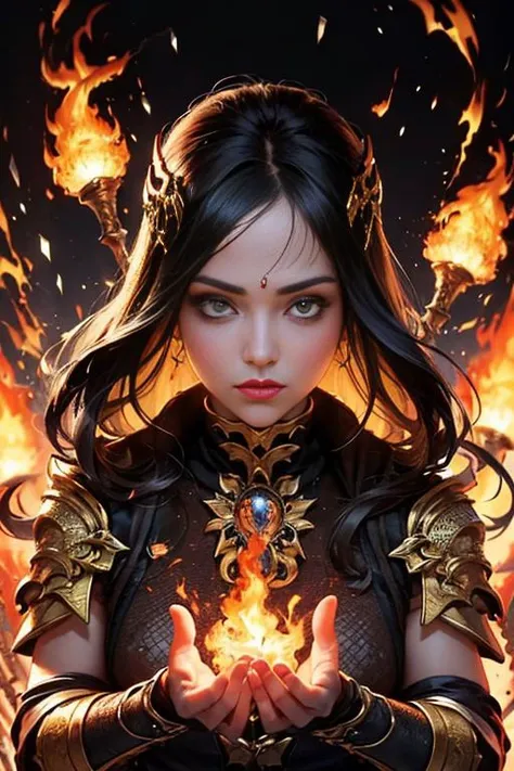 1girl, portrait of female cute mkscorpion battle with group of ninja, glowing yellow eyes, fire, orange, sparks, energy, aura, swirl fire, ornate, detail,  <lora:ARWmkscorpion:1>