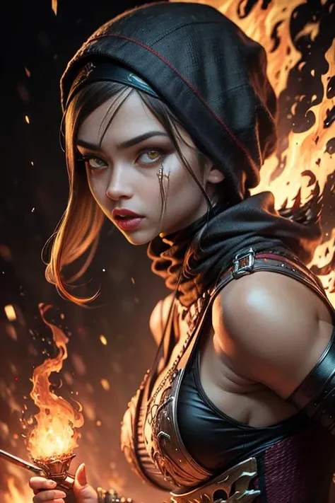 1girl, portrait of female cute mkscorpion battle with group of ninja, glowing yellow eyes, fire, orange, sparks, energy, aura, swirl fire, ornate, detail, <lora:ARWmkscorpion:1>