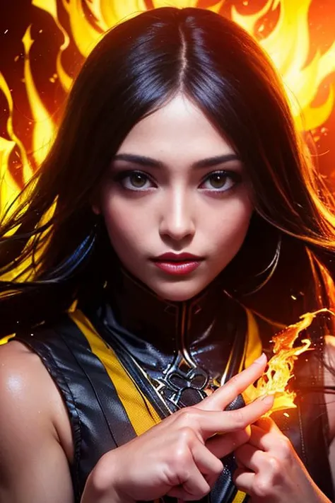 1girl, portrait of female cute mkscorpion battle with group of ninja, glowing yellow eyes, fire, orange, sparks, energy, aura, swirl fire, ornate, detail, <lora:ARWmkscorpion:1>