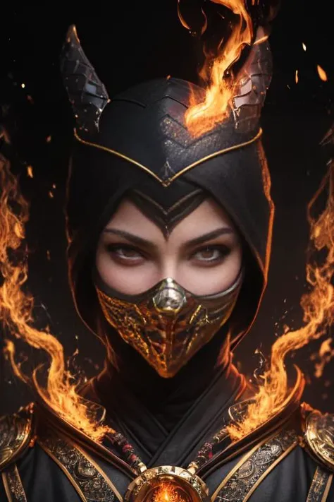 1girl, portrait of female cute mkscorpion battle with group of ninja, glowing yellow eyes, fire, orange, sparks, energy, aura, swirl fire, ornate, detail, <lora:ARWmkscorpion:1>