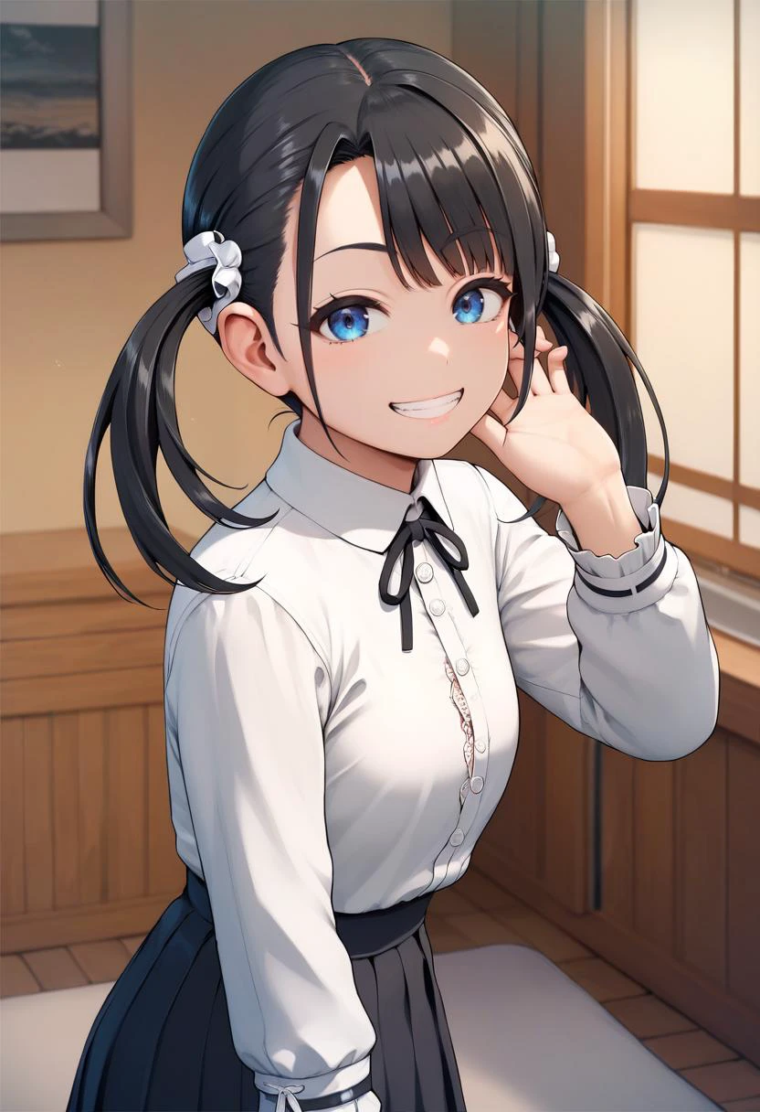 score_9, score_8_up, score_7_up, source_anime, 1girl,blue eyes,twintails, black hair, white blouse, black skirt, grin,looking at viewer, by rebis <lora:Rebis-Style-PonyXL-000016:1>