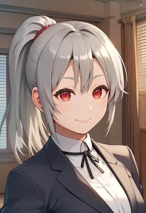 score_9, score_8_up, score_7_up, source_anime, 1girl,red eyes,smile, room, ponytail,grey hair, portrait,hand on hip,  blazer, by rebis <lora:Rebis-Style-PonyXL-000016:1>